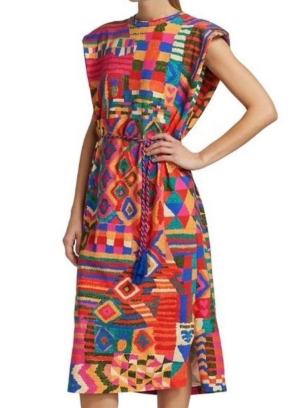 FARM RIO Multicolor Sleeveless Midi Dress w/ Tassel Rope Waist Tie